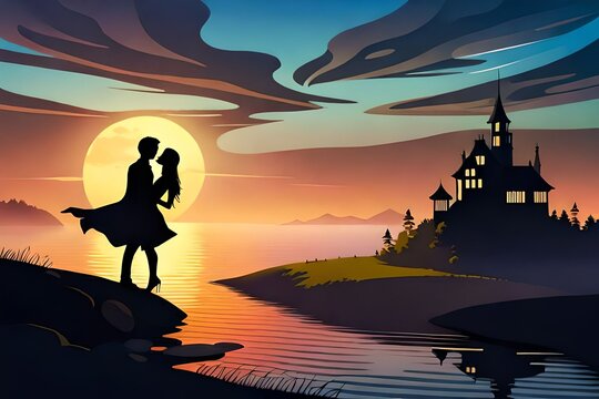 Silhouette picture of a beautiful couple spending quality time - valentine theme image