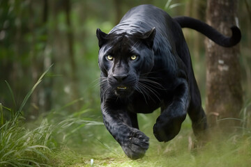 Stunning wild black jaguar running towards camera, panther. Amazing wild life. Generative Ai