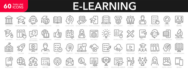 E-learning line icons set. Online education and distance learning. Online test, e-book, feedback, library, educational website, meeting, teacher - stock vector. - obrazy, fototapety, plakaty