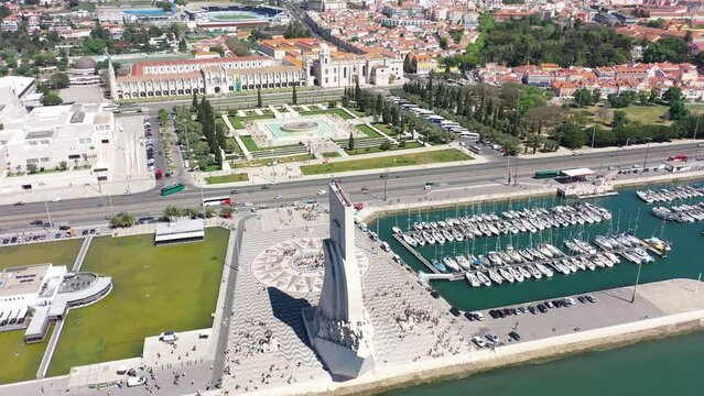 Aerial video of Marina Duca de Belham, and Padrao dos Descobrimentos Lisbon