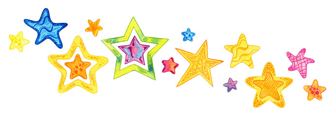 Watercolor Set of Bright Design Elements Colorful Stars Isolated on Transparent Backdrop. Hand-Drawn Illustration.