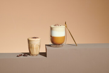 Trendy drink, dalgona coffee. Whipped instant coffee drink