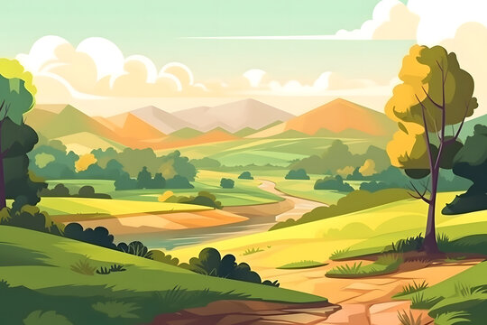 Cartoon clear summer landscape, background. Generative AI