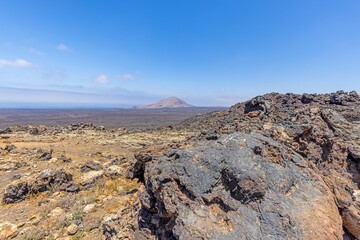 Panoramic view over the barren volcanic Timanfaya National Park on Lanzarote