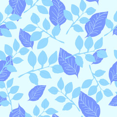 Fototapeta na wymiar Cyan and blue leaves overlapping sky theme seamless vector repeat pattern.