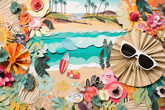 Generative AI illustration of Cool trendy collage of summer in the beach handmade on scrapbook paper with vibrant colors