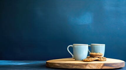 Butter cookies with cup of coffee on wooden table on blue background. Generative ai