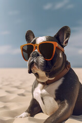 Obraz na płótnie Canvas Generative AI illustration of Bulldog dog sitting on the sand at the beach on vacation wearing sunglasses