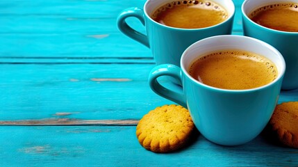 Butter cookies with cup of coffee on wooden table on blue background. Generative ai - obrazy, fototapety, plakaty