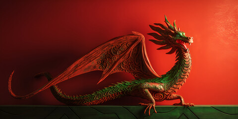 Green dragon on red background. Chinese dragon. Copy space. banner