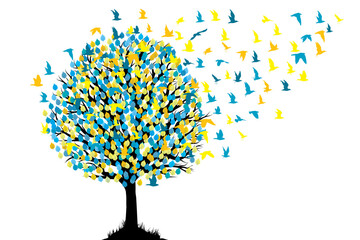 Abstract tree with birds flying from it - 603074130