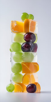 fruit in ice. A stack of cubes with ice and fruit. frozen fruits in ice cube. Vertical frame