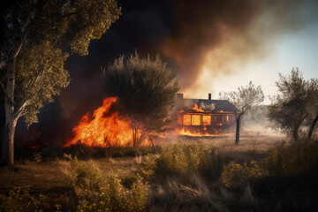 Generative AI illustration of forest and village in big summer fire due to lack of rain,stop climate change