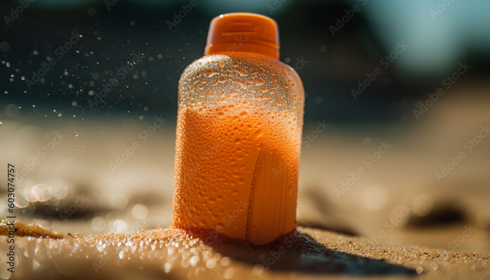 Sticker refreshing drink in glass bottle on sandy beach generated by ai