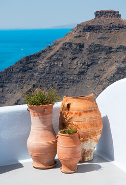 Clay pots on the terrace of Santorini, Greece.