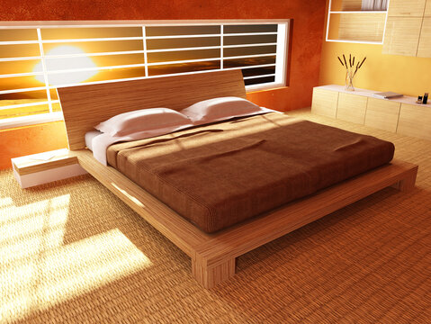 modern wood bedroom 3d and warm sunset outside
