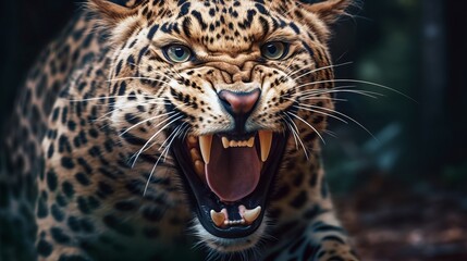 Naklejka na ściany i meble Close up of leopard roaring. Generative AI