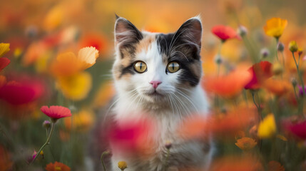 Cute calico kitten in a red and orange flower meadow, Generative AI - obrazy, fototapety, plakaty