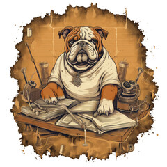 A vintage Physician English Bulldog t-shirt design with a faded brown color, distressed texture, and the dog's image in a sepia tone, surrounded by retro medical instruments, Generative Ai