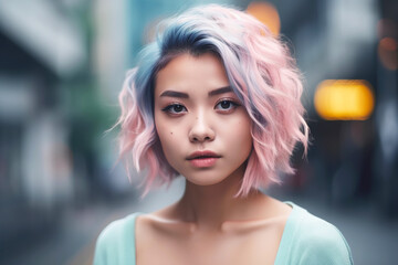 Beautiful asian woman with pastel colorful hair. Generative AI illustration