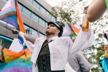 Man in Glam Make-up and Shiny Officer Hat at Pride