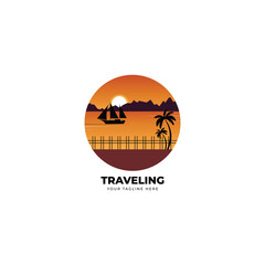 global boat logo wind sea travel cruise sailboat beach illustration