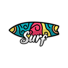 Surf emblem vector template, colorful surfboard with lettering