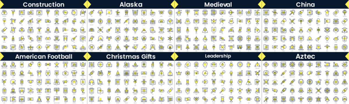 Linear Style Icons Pack. In this bundle include construction, alaska, medieval, china, american football, christmas gifts, leadership, aztec