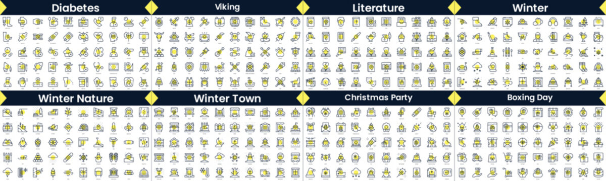 Linear Style Icons Pack. In this bundle include diabetes, viking, literature, winter, winter nature, winter town, christmas party, boxing day