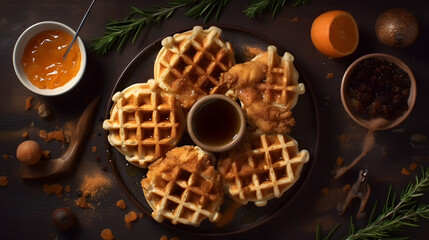 Delicious fried chicken with waffles. Generative AI