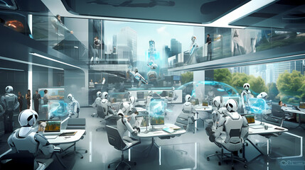A futuristic and dynamic digital art composition depicting a bustling business environment populated with AI robots. Generative AI Generative KI