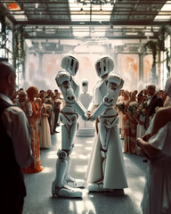 Hochzeit von zwei Robotern, Konzept für Ki entwickelt Bewusstsein und Gefühle, Generative AI