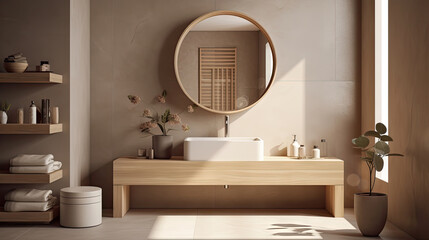 Naklejka na ściany i meble Minimal interior design bathroom with beige cozy tone style, decorate with wooden decor, bathtub, sink, towels, and brown tone background, empty wall for mock up and banner, with Generative Ai.