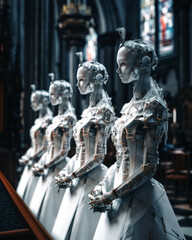 Betende Roboter in der Kirche, Künstliche Intelligenz entdeckt die Spiritualität und erlangt eine höhere Bewusstseinsstufe, Generative AI