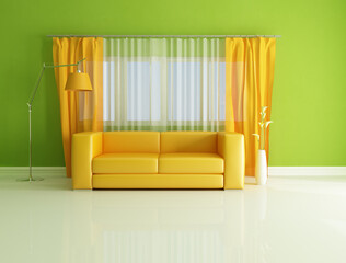 minimalist green and orange living room - rendering