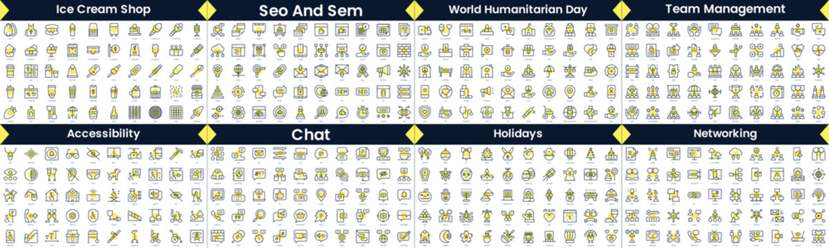 Linear Style Icons Pack. In This Bundle Include Ice Cream Shop, Seo And Sem, World Humanitarian Day, Team Management, Accessibility, Chat, Holidays, Networking