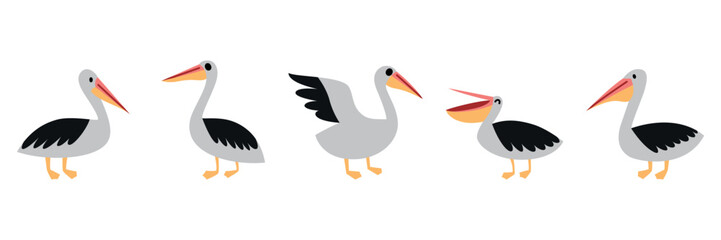 A set of colored pelican icons. Vector on white background