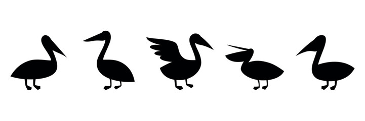 Set of pelican icons. Black silhouette. Vector on white background
