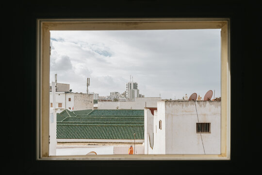 Cityscape through a window