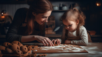 Young woman with her daughter cooking xmas cookies. Generated AI