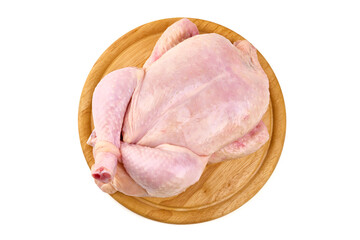 Raw whole chicken broiler, isolated on white background.
