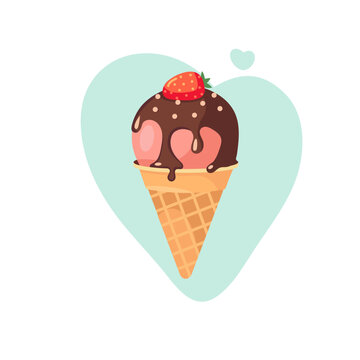 Fruit ice cream ball in waffle cone dipped in chocolate with strawberries, isolated. Flat outline vector icon. Comic character in cartoon style illustration for design.