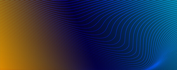 Abstract purple and yellow wave line pattern on dark blue background with copy space