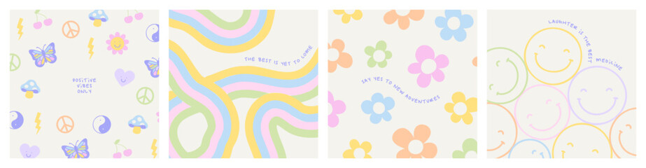 Retro colorful rainbow doodle cartoon illustration set with happy inspiration quote. Trendy vintage hippie art style background collection. Curvy pastel color Y2K fashion print.