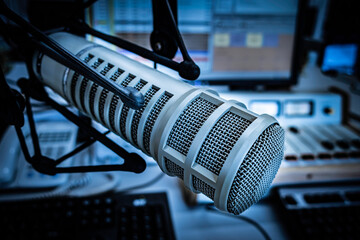 Professional microphone and sound mixer in radio studio