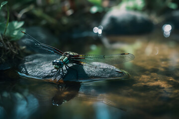Dragonfly on fresh water. Generative AI