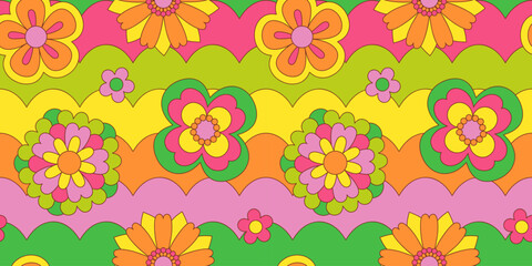 Vintage flower seamless pattern illustration. Retro psychedelic floral background art design. Groovy colorful spring texture, hippie seventies nature backdrop print with repeating daisy flowers.