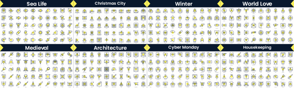 Linear Style Icons Pack. In this bundle include sea life, christmas city, winter, world love, medieval, architecture, cyber monday, housekeeping