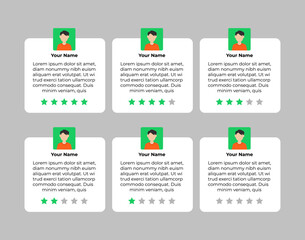 User feedback. Customer star review rating card with message person rating. Client comment. Vector illustration