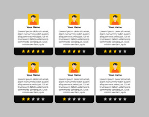 User feedback. Customer star review rating card with message person rating. Client comment. Vector illustration